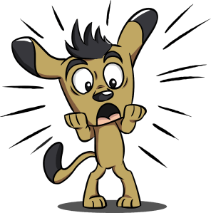 brown cartoon dog, standing on hind legs, with a surprised expression